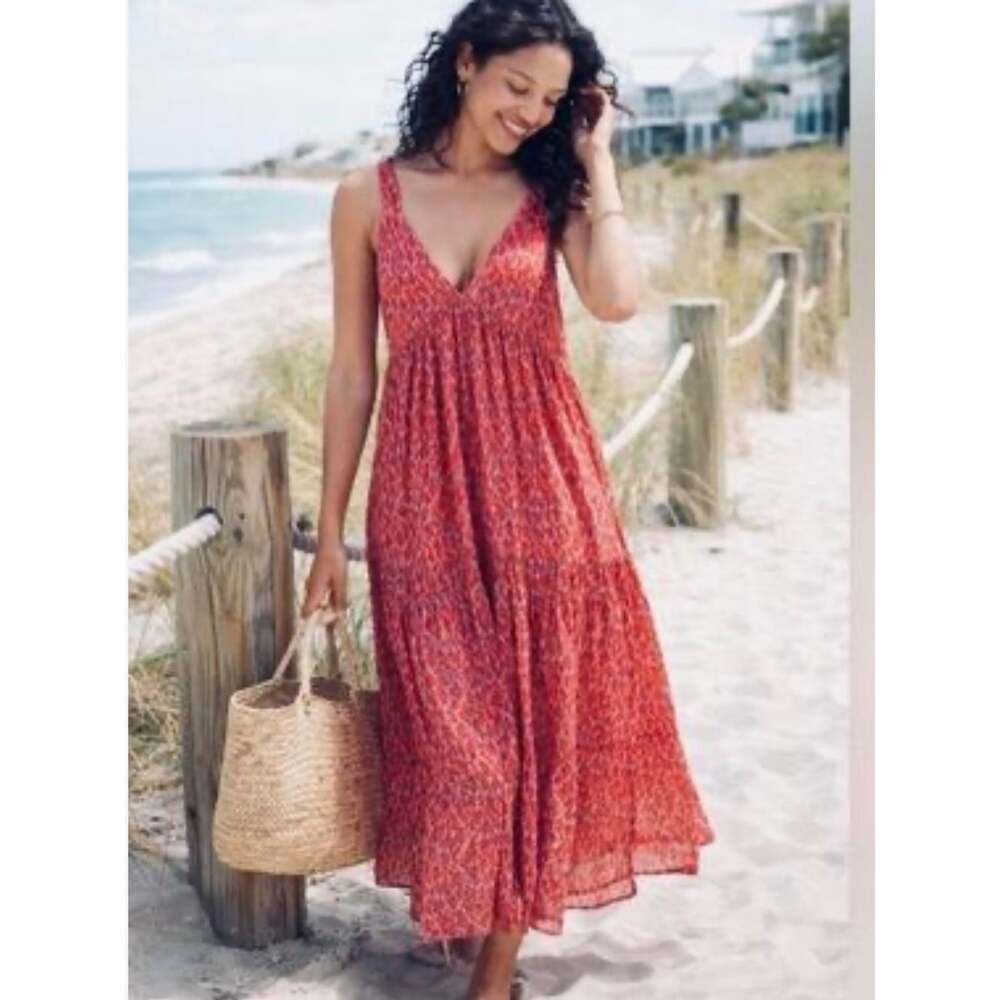 Joie Bondi Maxi Dress Large Tea Rose Pink Red Floral 100% Cotton Boho Beach